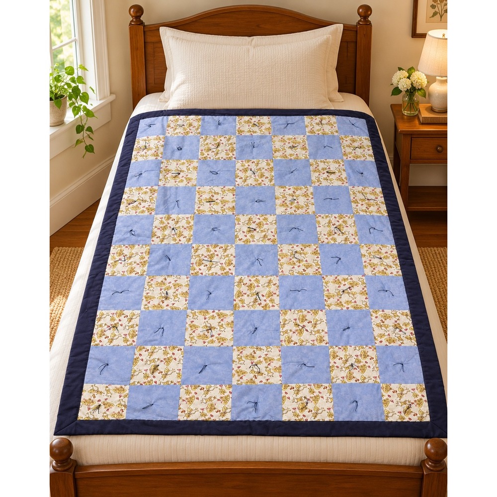 Handmade Blue Frog Print Tied Patchwork Quilt Twin Topper 62x44